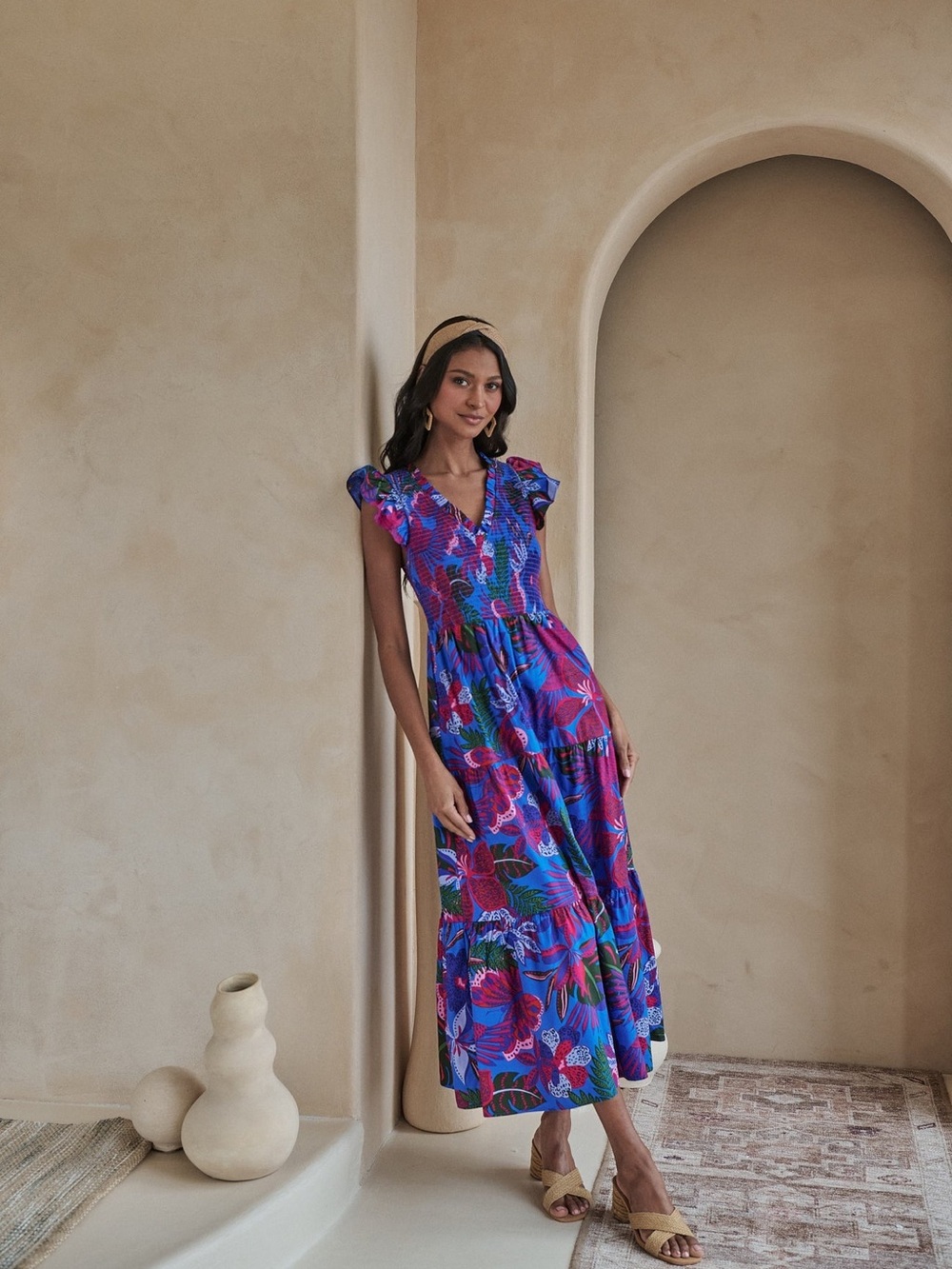 Sugarlips Mela Tropics Sunfire Smocked Bodice Tiered Midi Dress